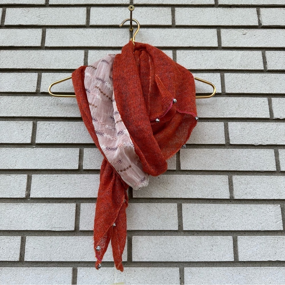 NWT Manyus Burnt Orange Mixed Media Scarf Sheer Embroidered Panel Beaded Fringe